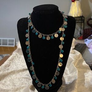 Lia Sophia Long Necklace Silver Chain Disk Turquoise Blue Dangles BoHo Retro